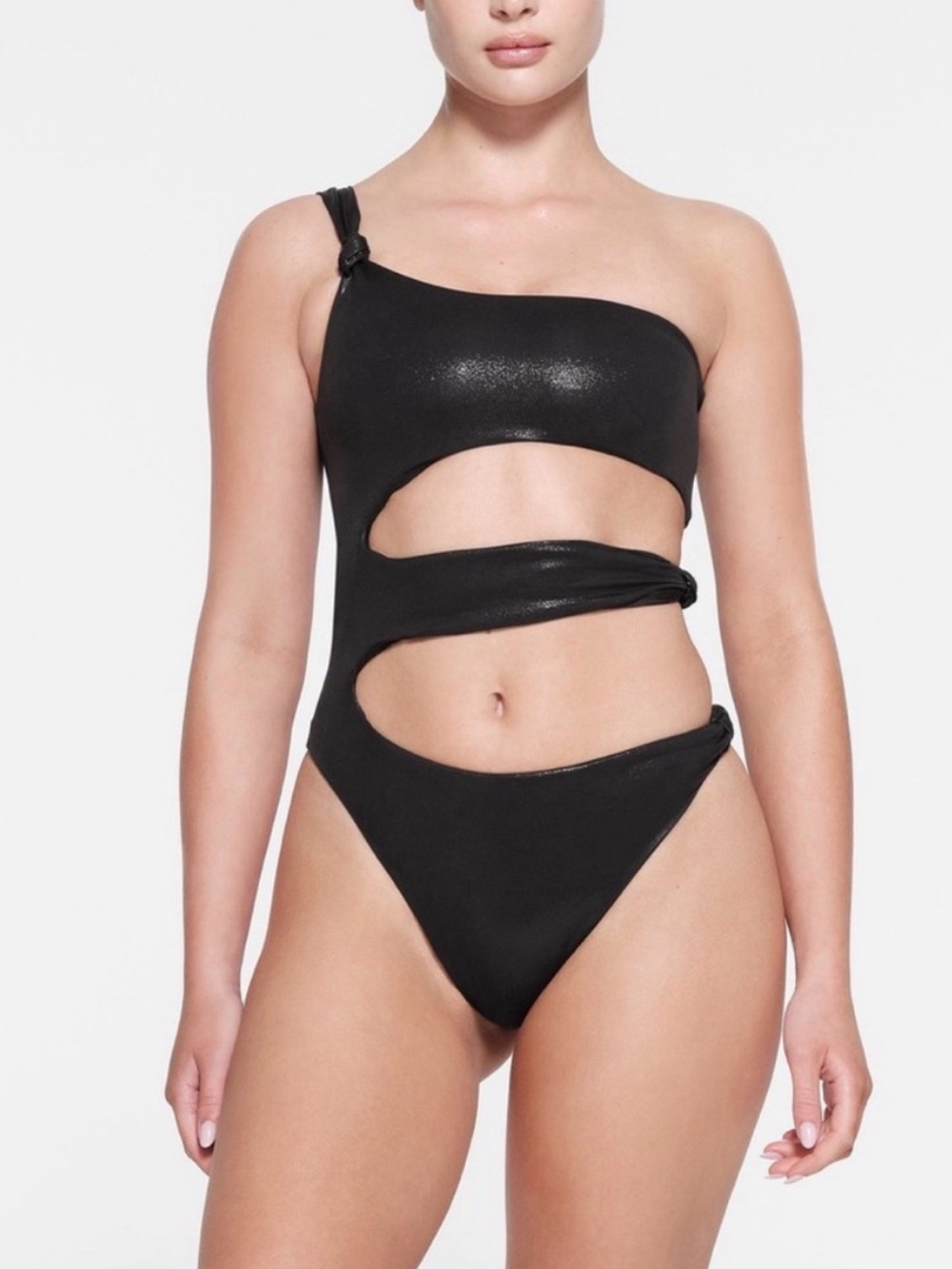 SKIMS Liquid Shine Knotted One Shoulder Monokini – Onyx – Size XL